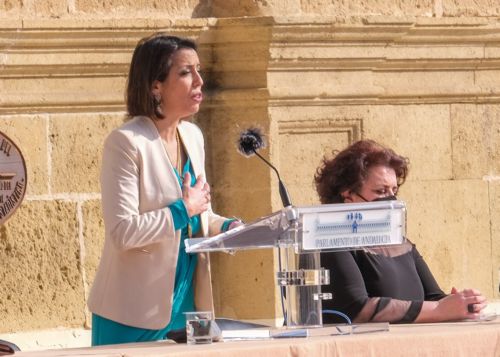  Marta Bosquet se dirige a los asistentes al Pleno Institucional con motivo del 28F